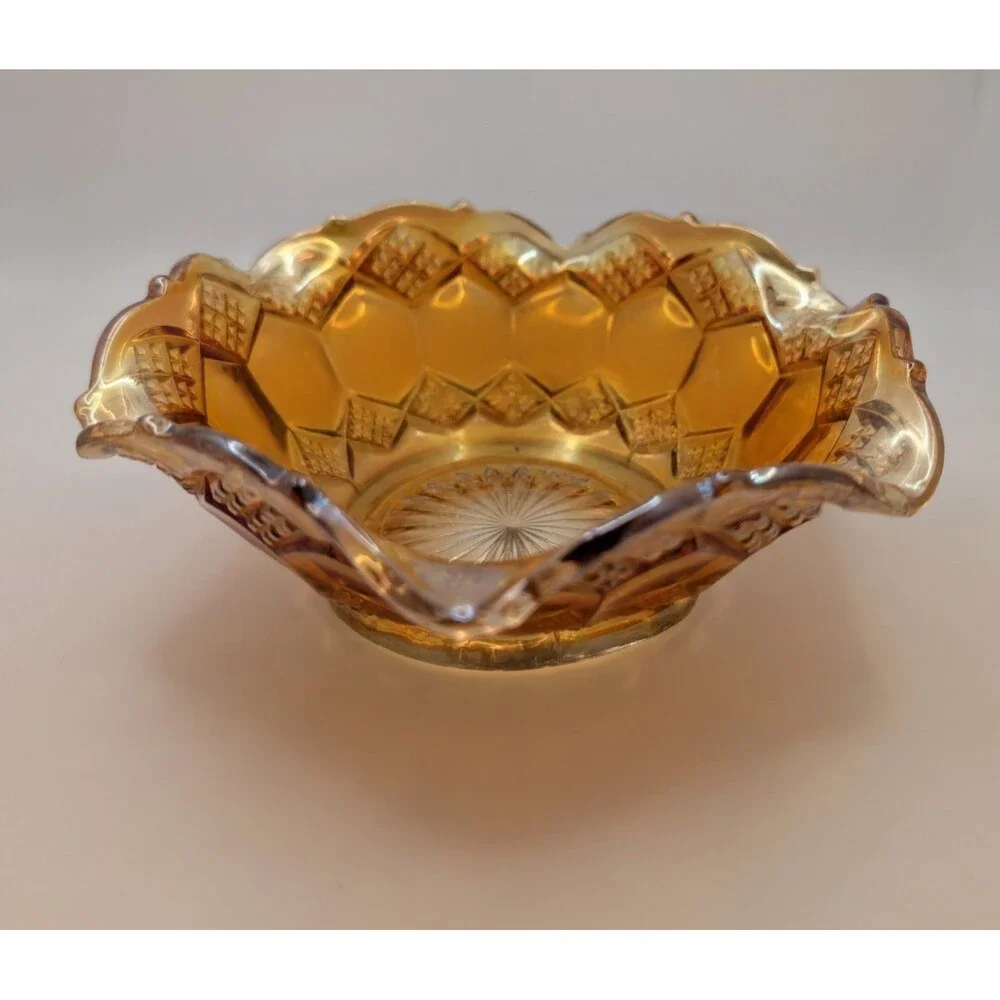 Vintage Marigold Carnival Glass Bowl Iridescent Orange Ruffled Edge 7.5 Inch